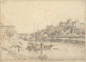 View over the Tiber at Porto di Ripa Grande outside Porta Portese towards Marmorata and the Churches on Monte Aventino, Rome