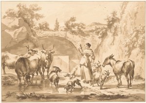Spinning Shepherdess with Flock by C. Dietrich (prentmaker) (possibly)