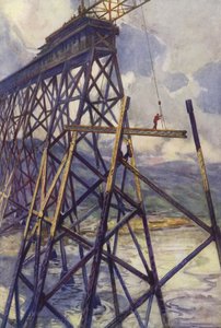 Setting the Steel of the Battle River Viaduct of the Grand Trunk Pacific Railway, Canada by C. Dudley Tennant