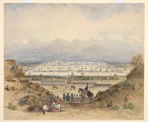 A general reviewing cavalry and infantry, who are about to enter a walled town in mountainous country, perhaps Kandahar by C. Graham
