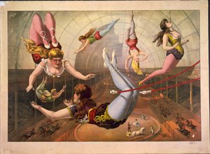 Female Acrobats on Trapezes at Circus, c. 1890