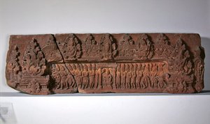 Lintel depicting the myth of the origin of the Linga and coronation of a king by Cambodian Cambodian