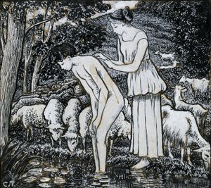 Chloë washing Daphnis at a stream, compositional study for an illustration, c1895 by Camille Pissarro