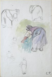 Sheet of studies: four studies of a female peasant bending, and two studies of a woman holding a basin by Camille Pissarro