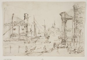 Capriccio with Classical Ruins on a Quay, a Boathouse, Two Galleys, Two Masts of a Sailing Ship Behind Them, a Domed Church in the Background by Canaletto