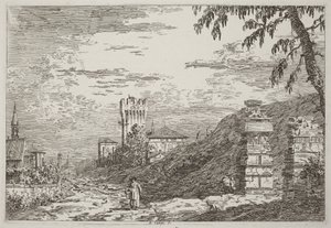 Landscape with Tower and Two Ruined Pillars [left] by Canaletto