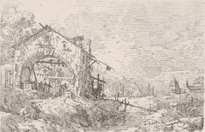 Woman Drawing Water from a Well Beneath an Arcade at Left, with a Landscape at Right