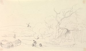Sketch of a Cottage by the River with a Windmill in the Distance