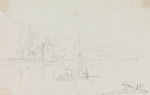Sketch of a Sailing Boat and a Building on the Shore