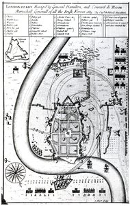 Londonderry Besieged by General Hamilton and Conrad de Rosen, engraved by J. Sturt, 1689