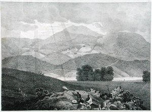 View of Part of the Lake and Cottages at Ottacamund, Neelgherry Mountains, plate 3 from View of the Neilgherries, or Blue Mountains of Coimbetoor, Southern India by Captain McCurdy, published 1830