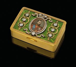 An Imperial presentation snuff-box with a watercolor on ivory miniature of Emperor Nicholas II, c. 1890