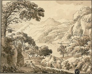 Mountain Lake with Two Figures by Carl August Lebschee