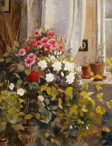 Azaleas, Geraniums, Roses and Other Potted Plants by a Window by Carl Christian Carlsen