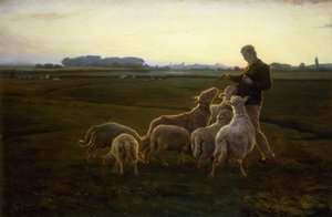 A Shepherd and His Sheep with Geese Beyond