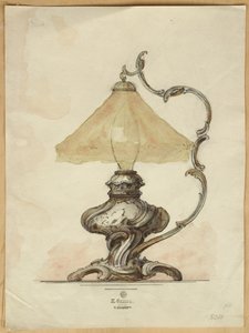 Drawing of a Silver Table Lamp with a Twisted Fluted Body in Rococo Style, House of Carl Faberge by Carl Fabergé