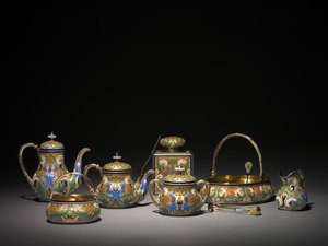 Hot Water Pot, Covered Sugar Bowl, Tea Caddy, Teapot, Sugar Tongs, Lemon Fork, Sugar Basket, Cake Basket, Cream Pitcher, Tea Strainer and Sugar Sifter, before 1896 and 1896-1906 by Carl Fabergé