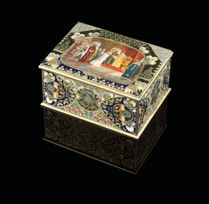 A table box with painted cartouche depicting Tsar Alexei Mikhailovich choosing a bride, c. 1908-1917