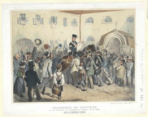 Proclamation of the Constitution on the Meeting Place of the National Guard in the Freihaus (Free House) on the Wieden at 15th March 1848 by Carl Goebel