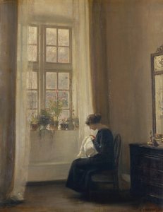 A Girl Sewing in an Interior by Carl Holsoe