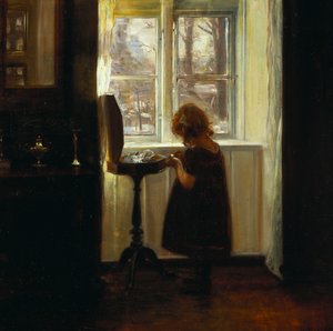 A Girl Standing by a Sewing Table by Carl Holsoe