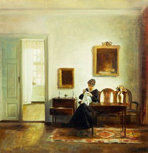 A Woman Sewing in an Interior by Carl Holsoe