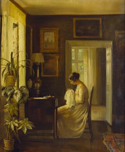 An Interior with a Woman Sewing by Carl Holsoe