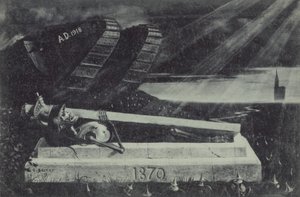 A victorious First World War Allied tank passes by the tomb of a French cavalry soldier from the Franco-Prussian War
