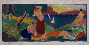 Women in Landscape with Blue Border by Carl Newman