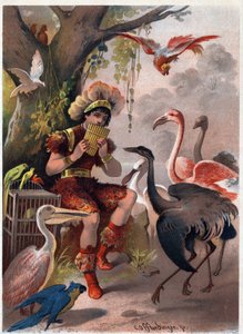Papageno with a pan flute brings the birds from the forest. Illustration by Carl Offterdinger in The Magic Flute. Private collection by Carl Offterdinger