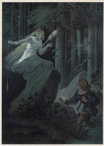 The fairy running away with a golden spindle was singing the fate of a golden button. Illustration by Carl Offterdinger in Bouton d
