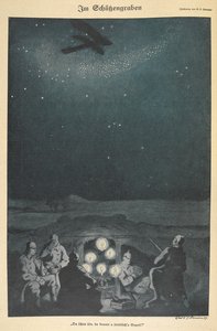 In the trenches. German soldiers, an airplane flying above them in the night sky