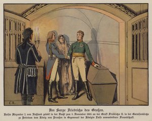 Tsar Alexander I of Russia visiting the tomb of Frederick the Great at Potsdam with King Frederick William III and Queen Louise of Prussia and swearing his unswerving friendship, 5 November 1805 by Carl Röchling