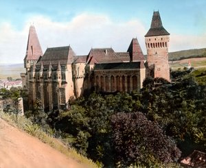 The Hunyad Castle (also known as Hunyadi Castle, Corvin Castle or Hunedoara Castle), Transylvania, Romania, circa 1920