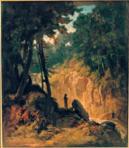 Wooded Landscape with Waterfall, on the Shore with Capuchin by Carl Spitzweg