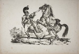 Cuirassier on Foot Holding Back His Rearing Horse