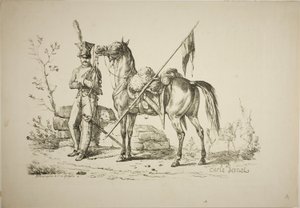 Lancer on Foot Walking Next to his Horse