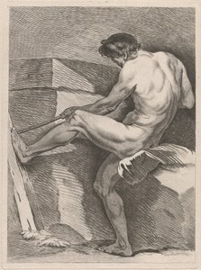 Man Pulling a Rope, His Foot Braced