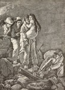 A girl is rescued after her home collapsed, Casamicciola earthquake, Italy, engraving from a drawing by E Sanesi and a painting by Carlo Ademollo, from L