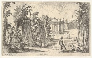 View with a Man in a Turban and a Lion Standing at Right, Tents and Classical Architecture by Carlo Antonio Buffagnotti