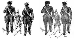 Pinocchio by Carlo Chiostri. Two gendarmes take the wooden puppet. The image on the left is Chiostri