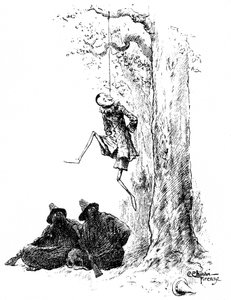 Pinocchio by Carlo Chiostri (1863-1939), one of the first Italian illustrators of the work of Collodi (Carlo Lorenzini). The wooden puppet is hung from a tree by two bandits (the cat and the camouflaged fox). This original drawing by Chiostri is to be comp