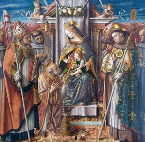 Enthroned Madonna with the Child, the Key Handover to Apostle Peter, and Saints John Capistranus, Emidius, Francis, Louis of Toulouse, Blessed Giacomo della Marca, and a Bishop by Carlo Crivelli