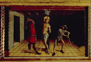 The Flagellation of Christ, central right hand predella panel from the San Silvestro polyptych by Carlo Crivelli