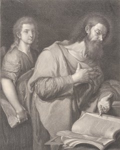 Saint Matthew, standing before a book at right with a hand on his chest, another man behind by Carlo Faucci