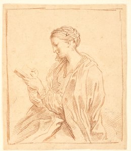 Woman reading, in profile to the left