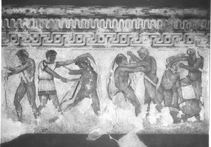Reconstruction of the Etruscan wall painting in the Francois Tomb at Vulci of c.320-280 BC by Carlo Ruspi