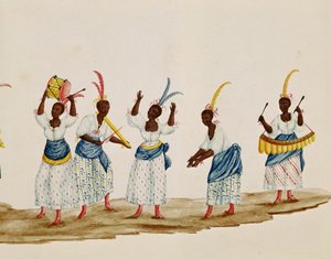 Queen and her Suite, detail depicting dancers and musicians