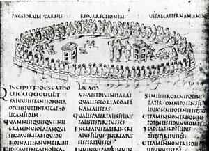 Illustration of a scene from one of the Psalms, from the Utrecht Psalter, copy of original from Reims now in Utrecht University Library by Carolingian School