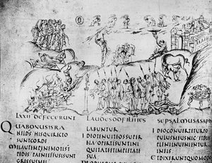 Illustration of various scenes from one of the Psalms, from the Utrecht Psalter, copy of original from Reims now in Utrecht University Library by Carolingian School